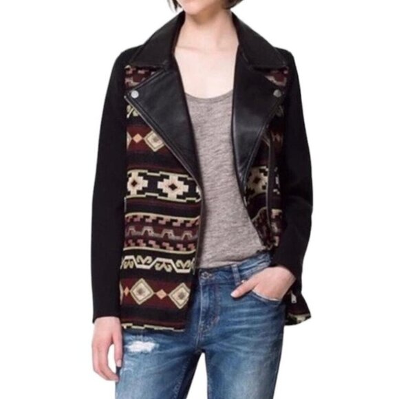 Zara Black Genuine Leather Aztec Southwestern Tapestry Boho Moto Zip Jacket - Picture 7 of 15